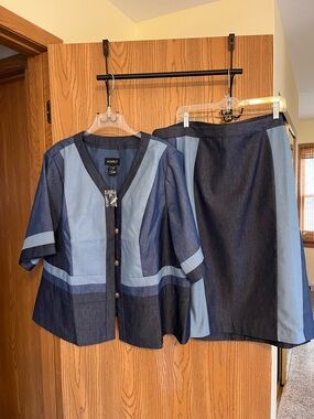 Ashro Sz 26W Patchwork Denim 2 Piece Jacket Skirt Set